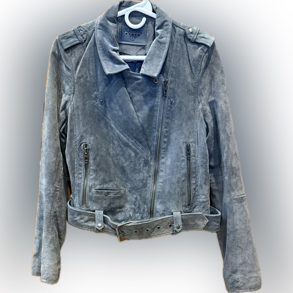 Blank NYC Gray Suede Moto Jacket Size M Belted Cropped Biker Zip Leather Look